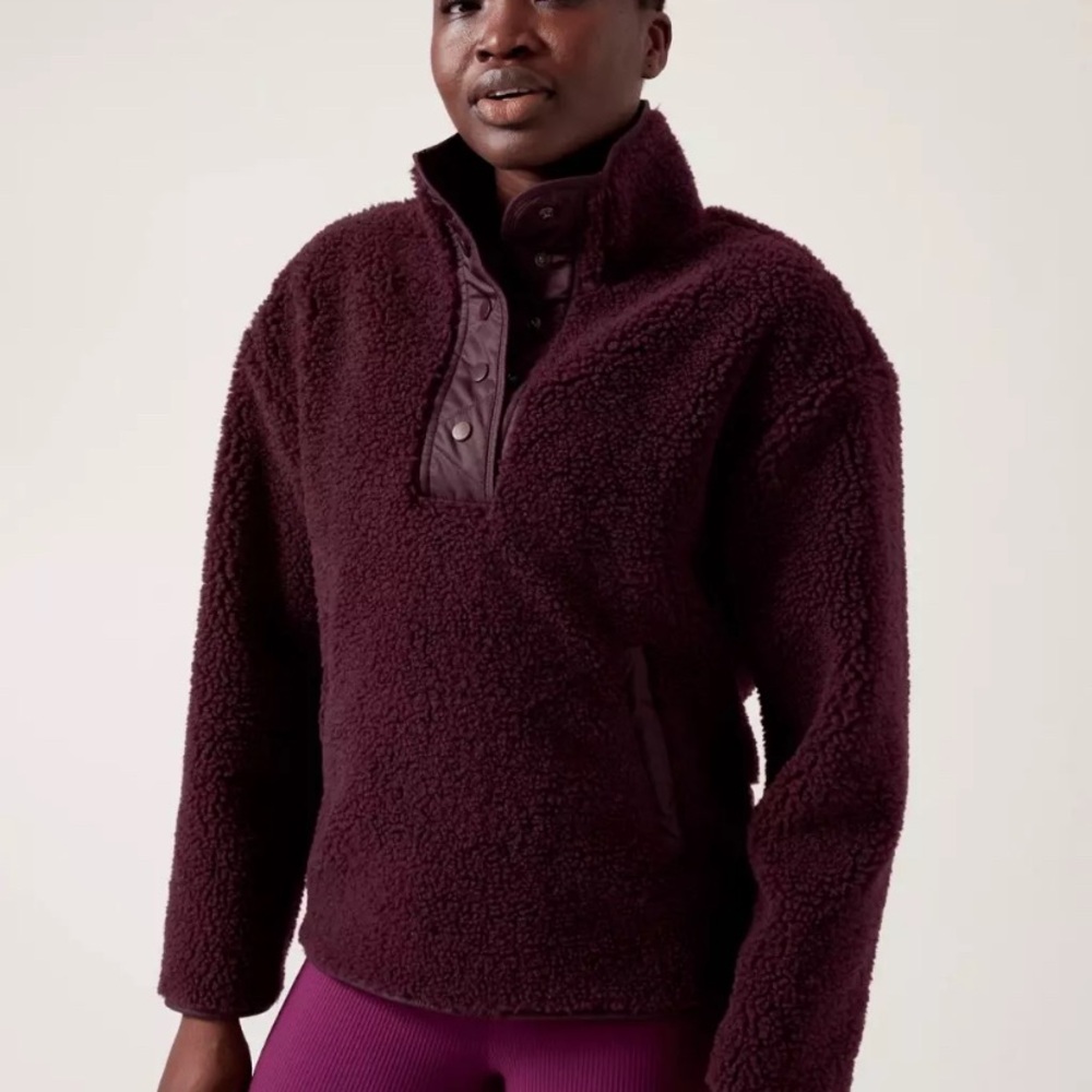 Athleta Burgundy Sherpa Snap Jacket Plush Warmth Cozy Size L Winter Snow Ski